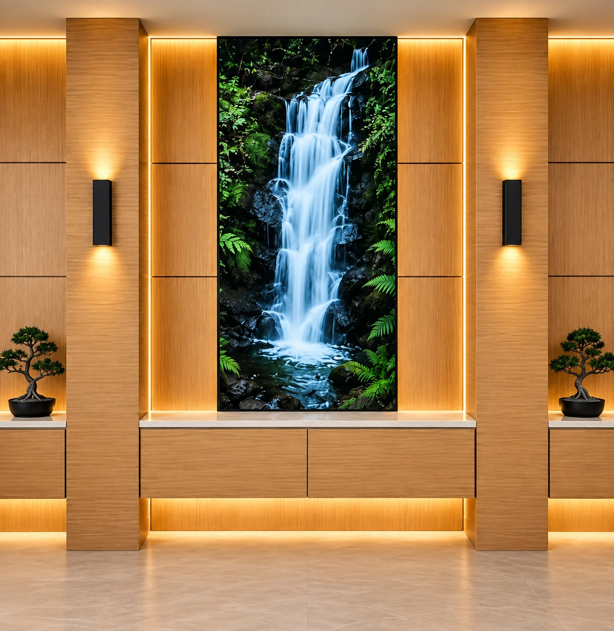 Bamboo wall with integrated lighting and waterfall feature