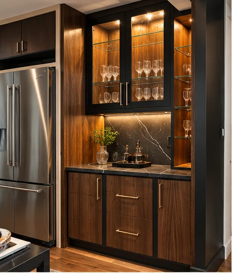 Custom dark wood bar cabinetry with glass display