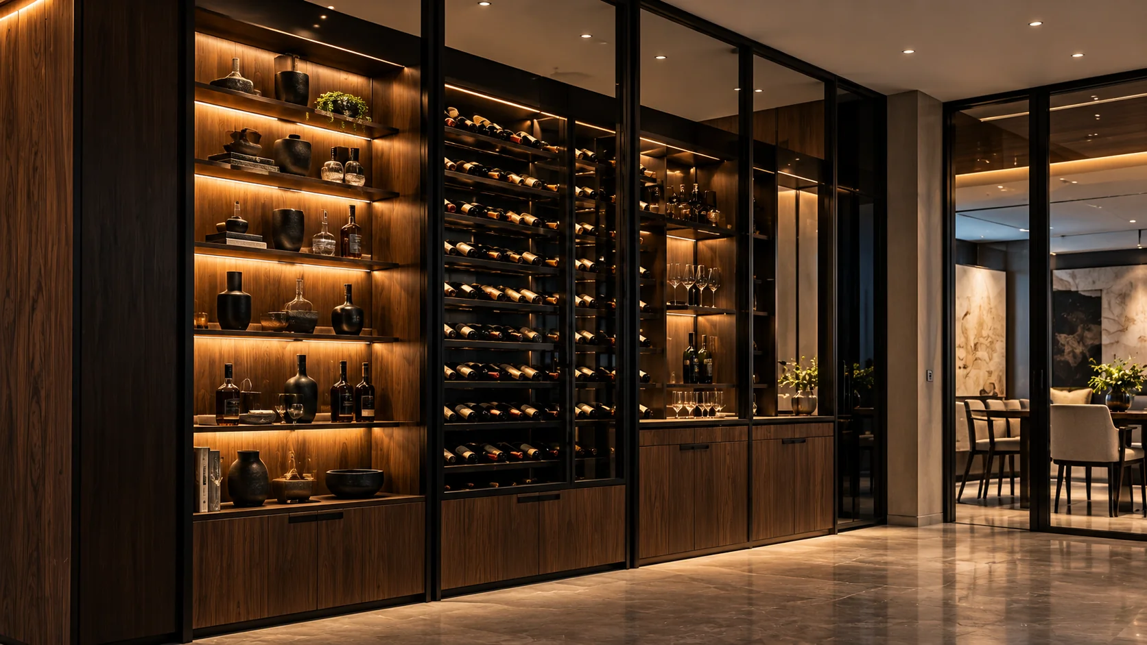 Concept visualization of custom cabinetry in warm walnut and stone