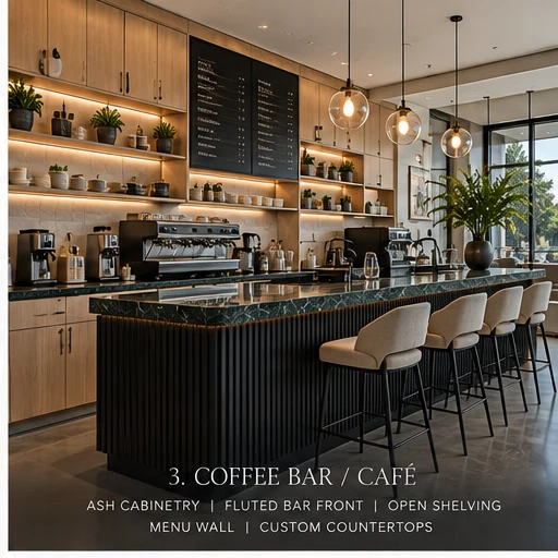 Rendering of a café with ash cabinetry and fluted bar front