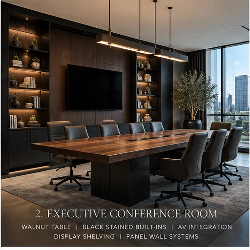 Rendering of an executive conference room with walnut table and built-ins