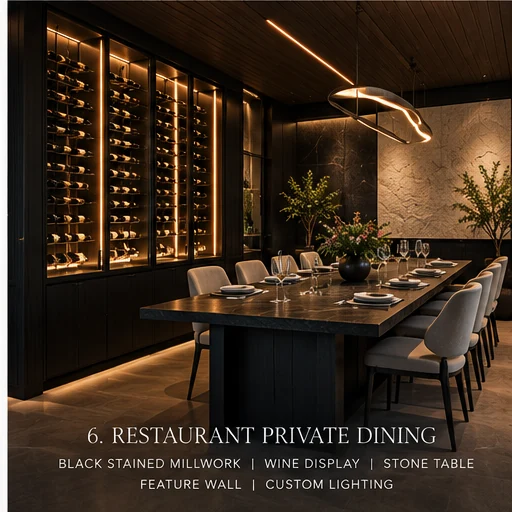 Rendering of a private dining room with wine display and custom table