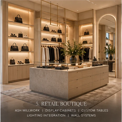 Rendering of a retail boutique with ash display cabinetry