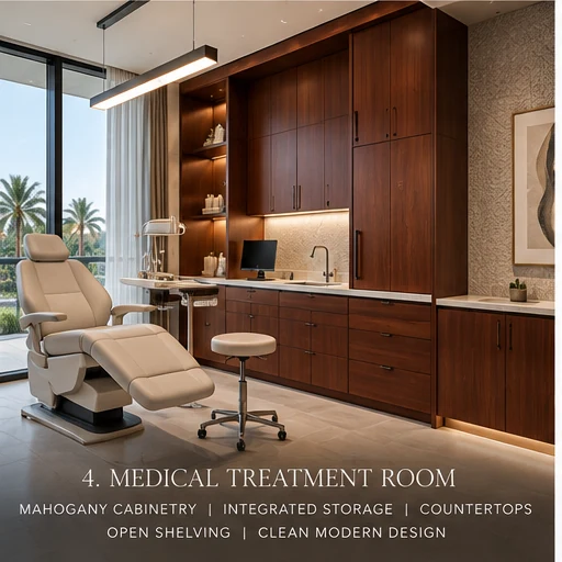 Rendering of a medical treatment room with mahogany cabinetry