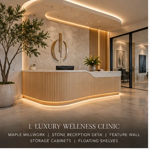 Rendering of a wellness clinic with maple reception desk and feature wall