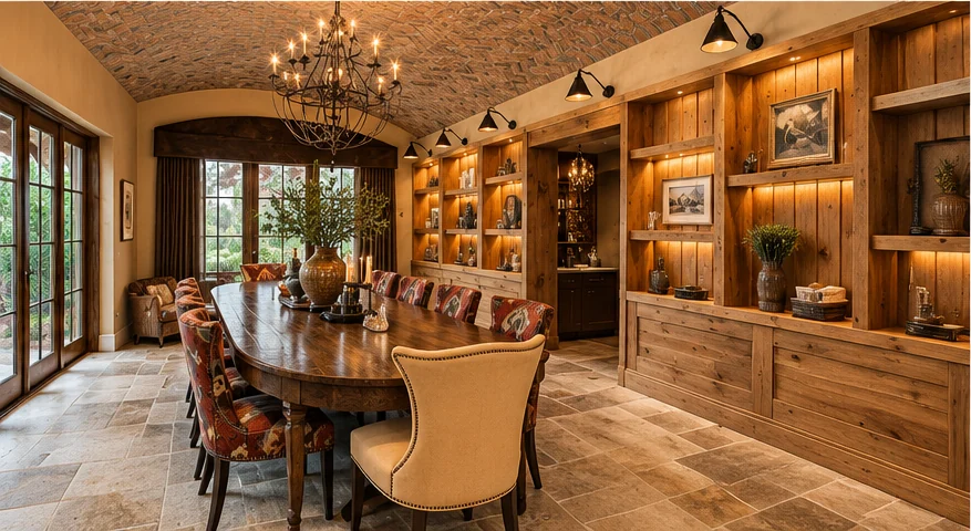 Dining room with custom illuminated wood cabinetry