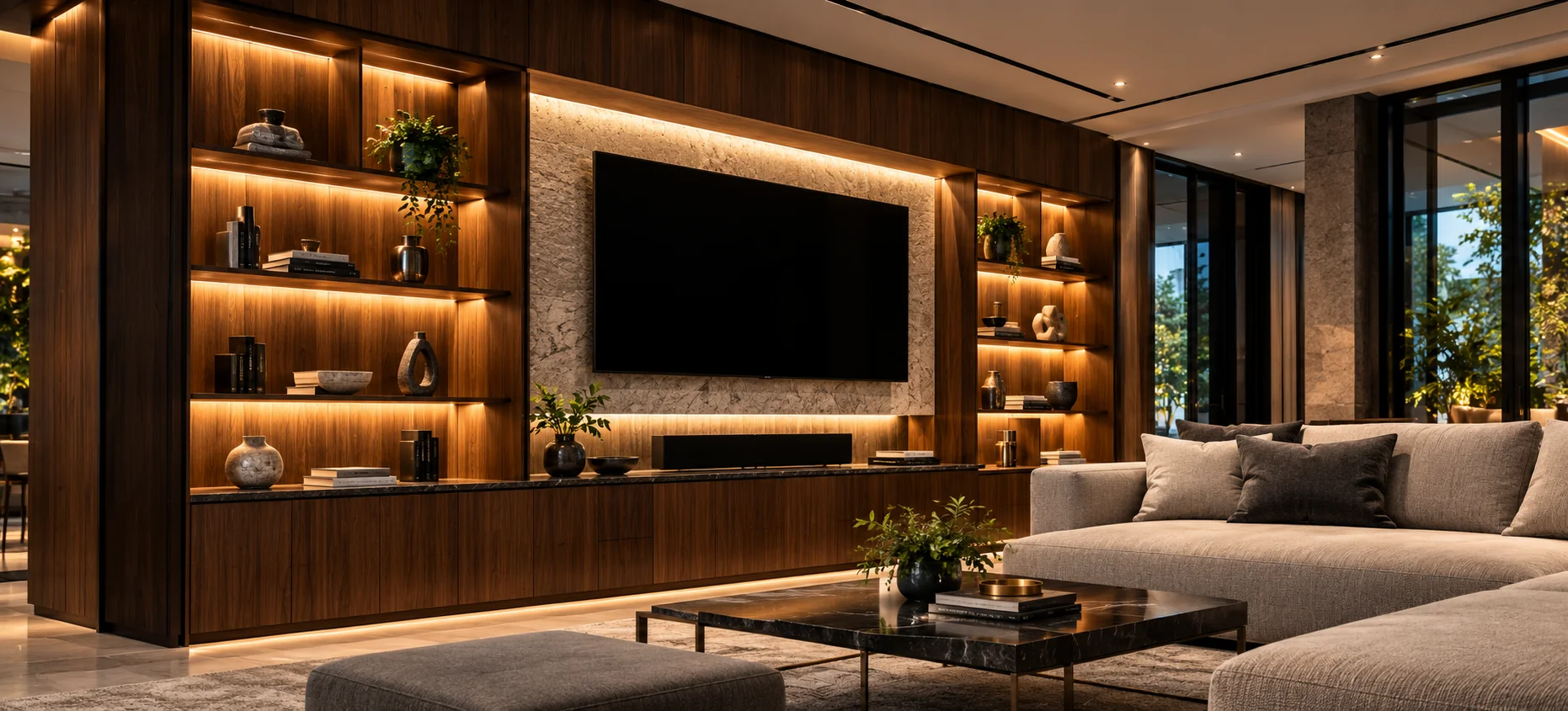 Concept visualization of architectural features in warm walnut and stone