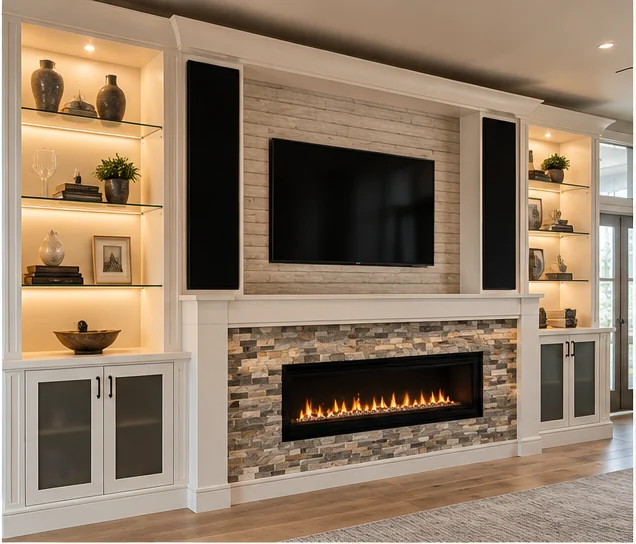 Built-in fireplace wall with display shelving