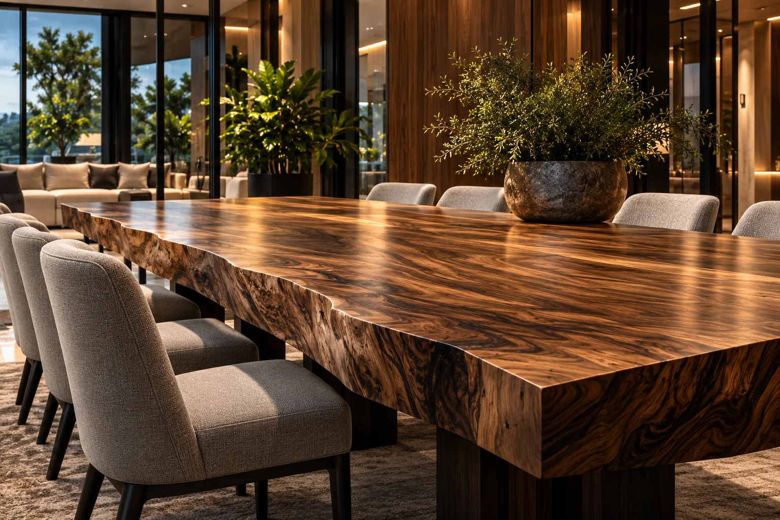 Concept visualization of custom furniture in warm walnut and stone