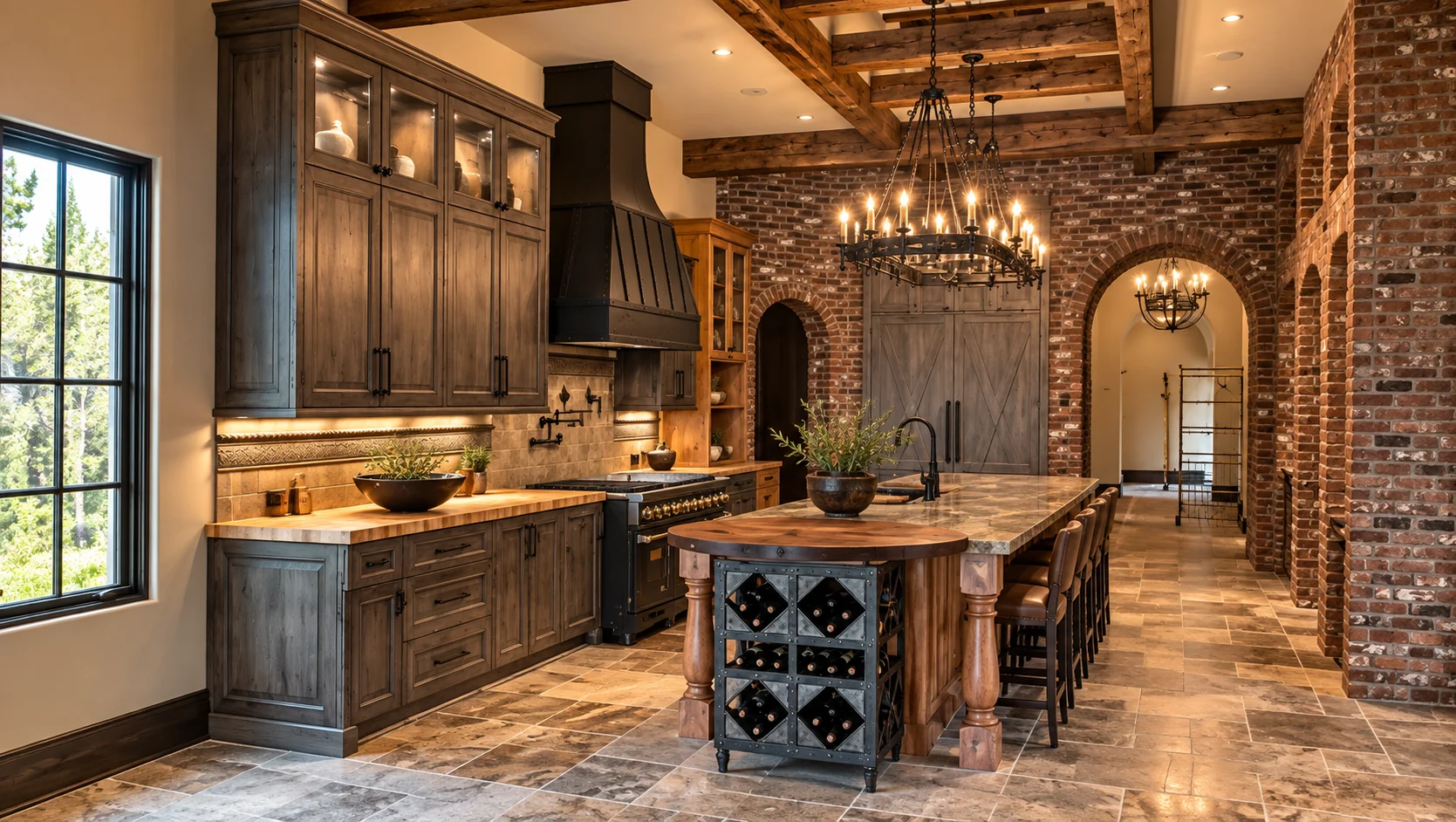 Large kitchen with gray cabinetry, wood beams and brick arches