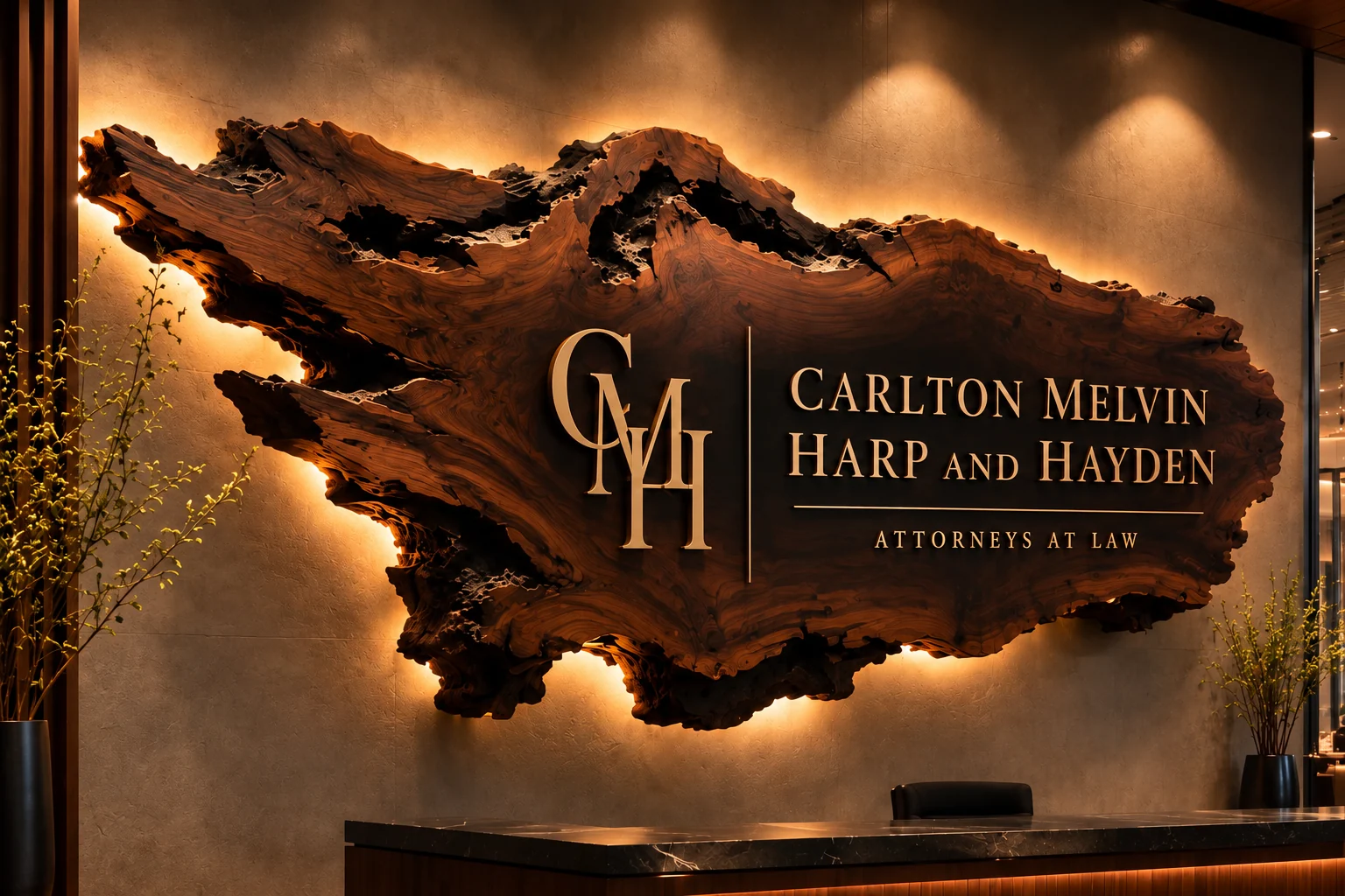 Illuminated live edge wood reception feature