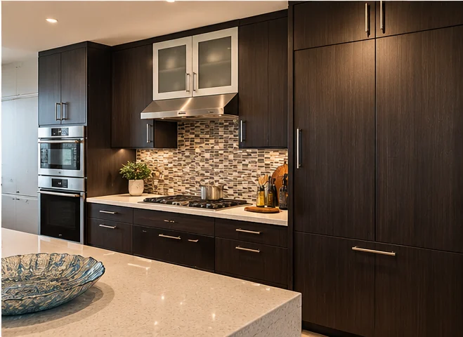 Modern kitchen with dark cabinetry and white counters