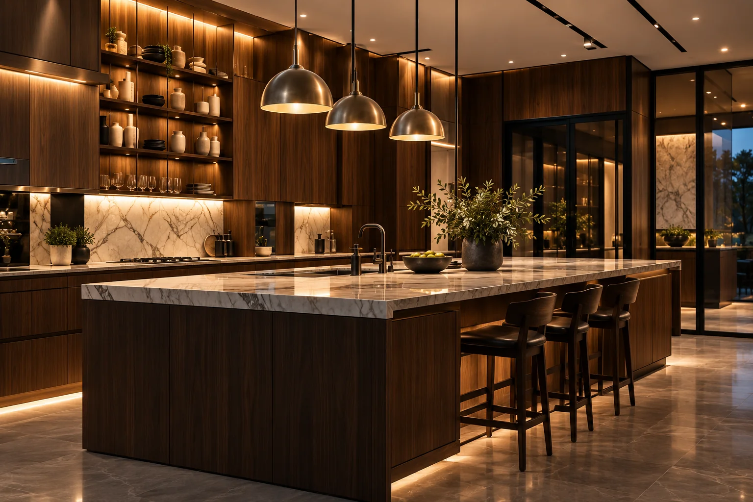 Concept visualization of residential in warm walnut and stone