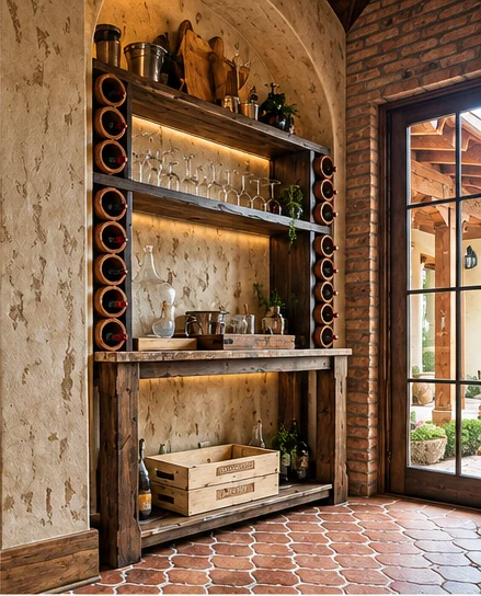 Rustic wood wine bar with integrated lighting